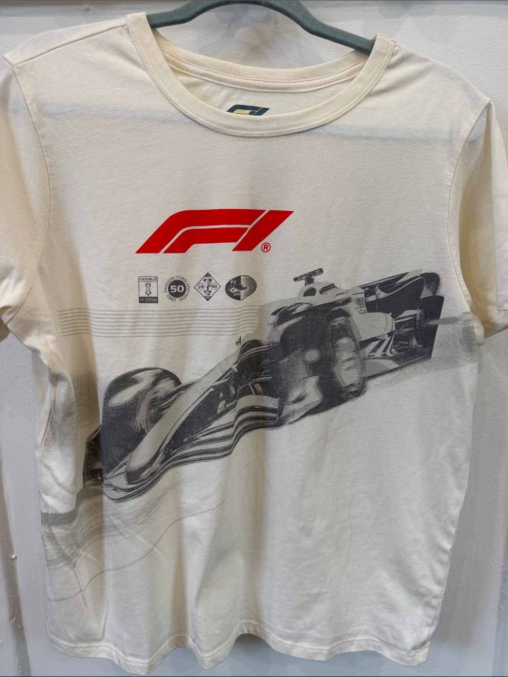 F1 Logo Crewneck Tee in Cream with Red Accent